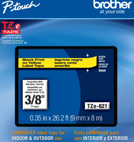 Brother TZe-621 Black on Yellow Label Printer Tape