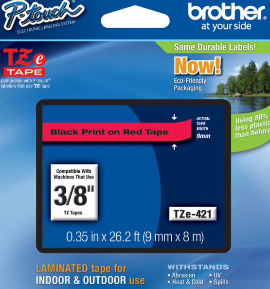 Brother TZe-421 Black on Red Label Printer Tape