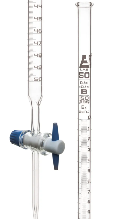 50ml Glass Burette with PTFE Stopcock, White Graduations, Class B 